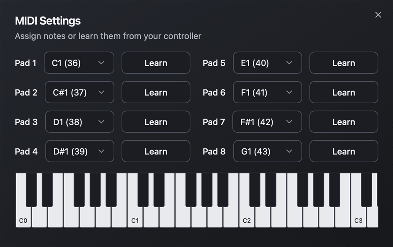 MIDI Settings, with note assignments and Learn controls for every pad above a piano keyboard.