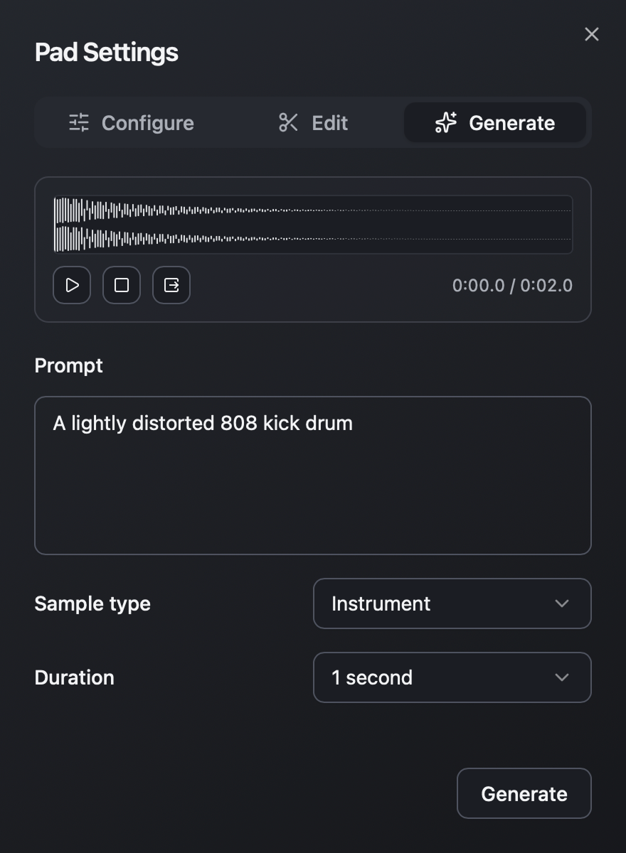 Pad Settings with the prompt ‘A lightly distorted 808 kick drum,’ sample type Instrument, and a two-second duration.