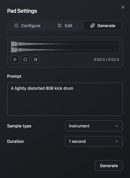 Pad Settings showing Configure, Edit, and Generate tabs, a prompt, sample type, and duration.