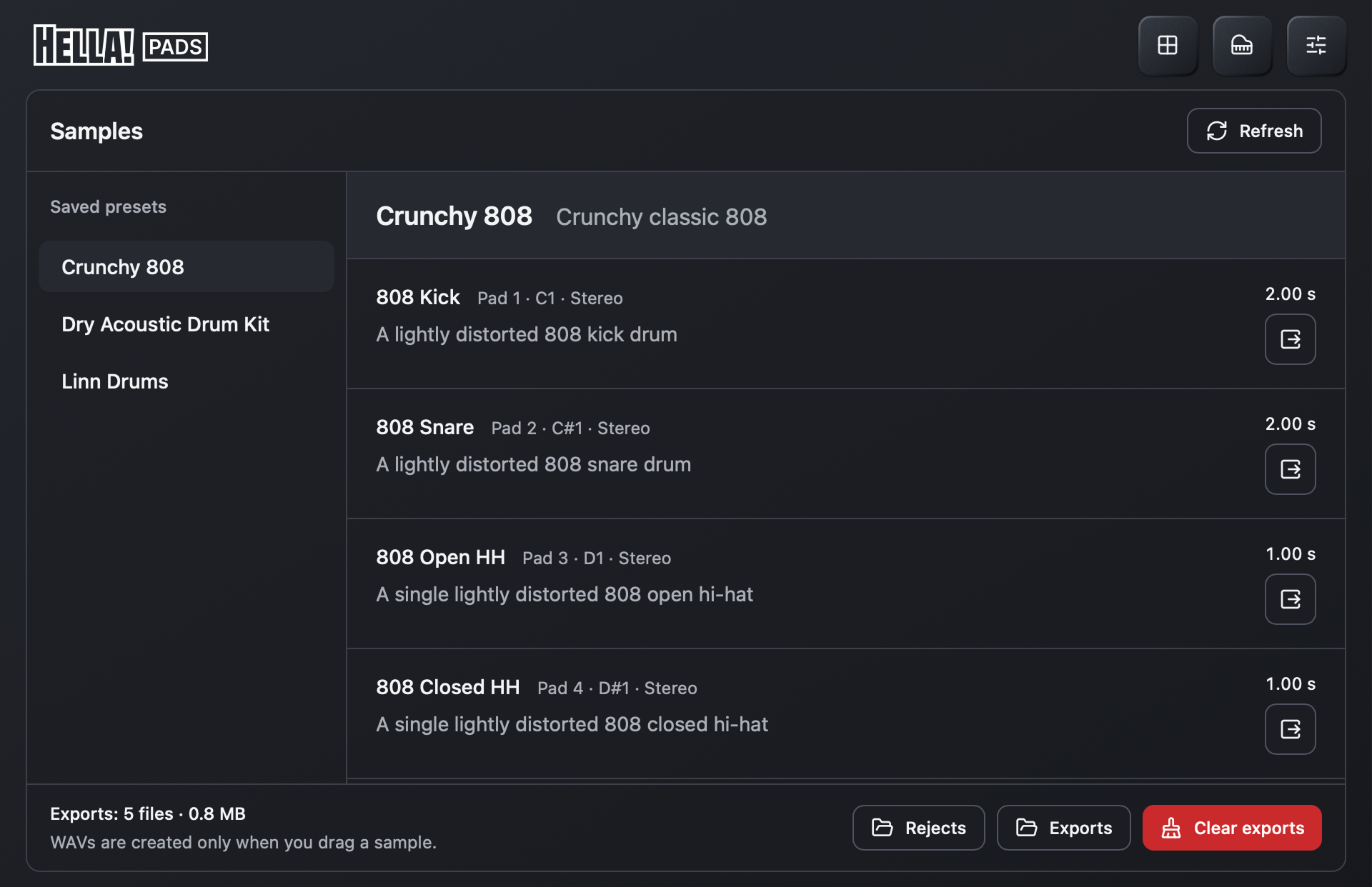 The sample library, showing saved presets, the Crunchy 808 samples, and access to outtakes and exports.