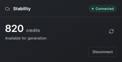 Connected Stability account with an available credit balance, refresh control, and Disconnect button.